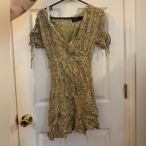 Minkpink Ruched Floral Green and Pink Mini Dress Size S